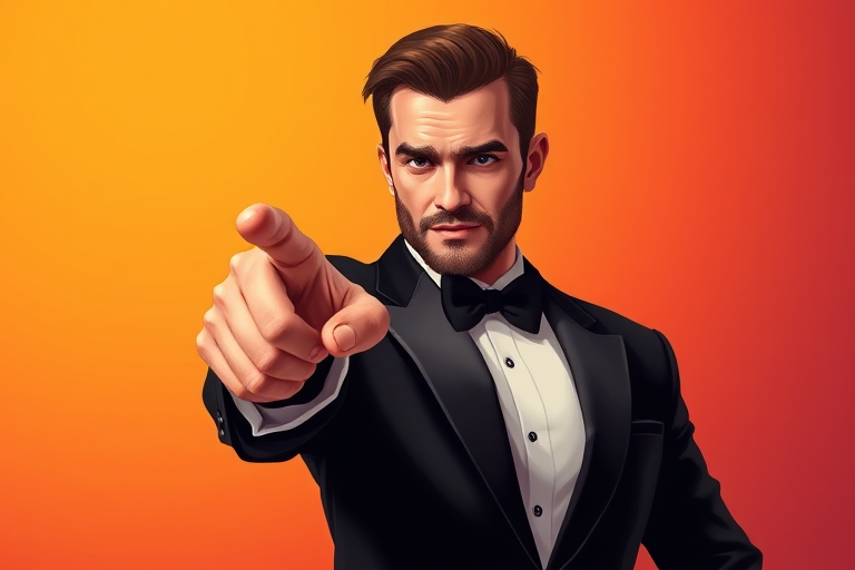Create a digital illustration of a confident man in a tuxedo pointing assertively at the viewer, with a gradient background of warm colors, using a 50mm lens, f/2.8 aperture, 1/125 sec shutter speed, shot in vibrant color style with high dynamic range for enhanced detail.