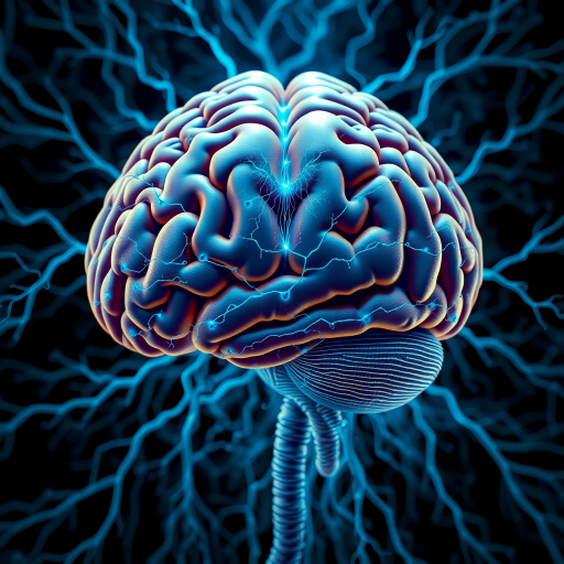 Create a highly detailed illustration of a human brain with intricate blue neural pathways, using a high-resolution digital camera, 50mm lens, f/1.8 aperture, 1/125s shutter speed, shot from a slightly elevated angle for depth and clarity.