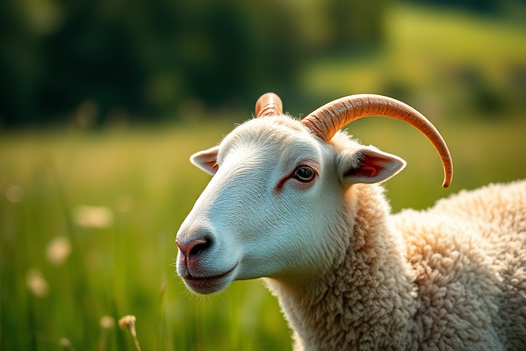 A close-up shot of a sheep in a green field during daylight, with a shallow depth of field, using a DSLR camera with a 50mm lens, aperture f/2.8, ISO 200, shutter speed 1/200s, capturing vibrant colors and sharp details.
