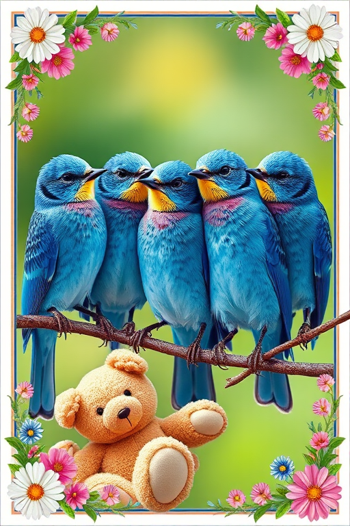 Regenerate an image of five bluebirds perched together on a branch, surrounded by a decorative border with flowers and a teddy bear, using a DSLR camera with a 50mm lens, aperture f/2.8, ISO 200, natural light, top-down view, vibrant colors, high dynamic range.
