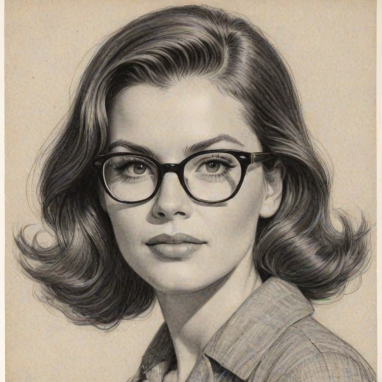 Enticing Amie Harwick, pencil sketch, portrait of Pleasing woman 1959s in glasses, hair style beatnik, outline, clear lines, fine lines, 8k