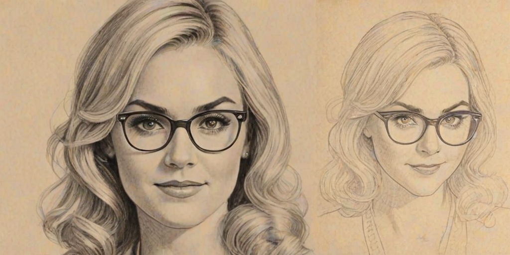 Charming Laura Bell Bundy, pencil sketch, portrait of Dazzling woman 1926s in glasses, hair style beatnik, outline, clear lines, fine lines, 8k