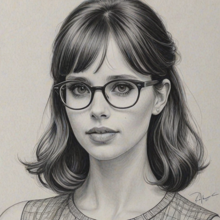 Beauteous Felicity Jones, pencil sketch, portrait of Sublime woman 1966s in glasses, hair style beatnik, outline, clear lines, fine lines, 8k