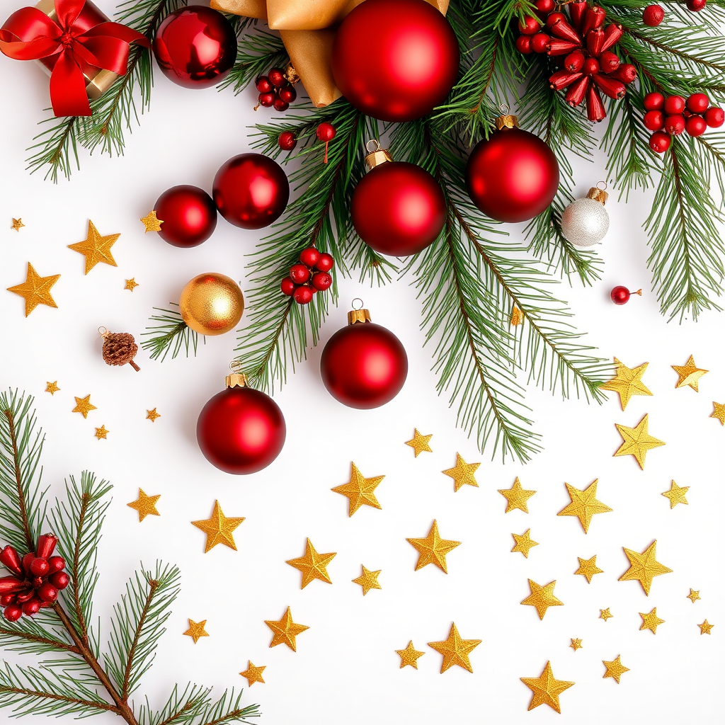 Create an image of a flat lay composition featuring festive Christmas decorations with red, gold, and white ornaments, pine branches, and scattered golden stars on a white background, captured with a DSLR camera at f/2.8 aperture, 50mm lens, natural lighting, overhead view.