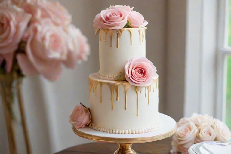 Create an elegant two-tier cake adorned with fresh pink and white roses. The cake should have a smooth white frosting with gold accents, featuring a unique design that showcases the flowers peeking through layers. The overall look should be sophisticated and visually appealing, perfect for a wedding or special occasion.
