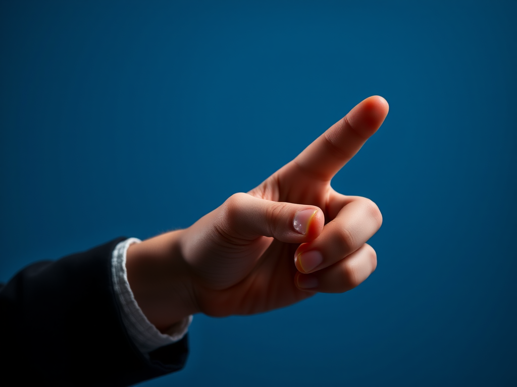 Create a high-resolution image of a stylized hand pointing to the left, using a DSLR camera with a 50mm lens, aperture set to f/2.8, ISO 100, and a shallow depth of field, focusing on the hand against a solid color background with dramatic lighting to enhance contrast and details.