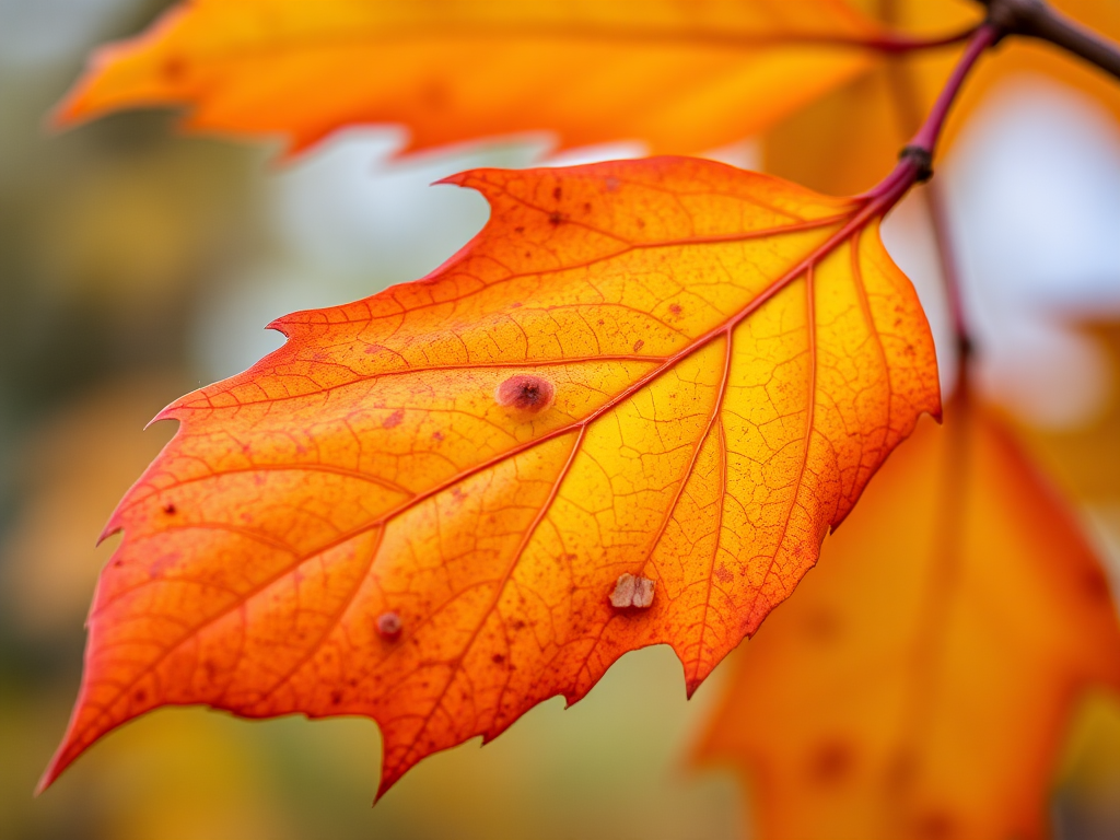 Create a high-resolution close-up photograph of a vibrant orange and yellow maple leaf with intricate details, taken with a DSLR camera at f/2.8 aperture, 1/200 sec shutter speed, ISO 100, natural lighting, and a shallow depth of field to emphasize the texture of the leaf against a soft blurred background.