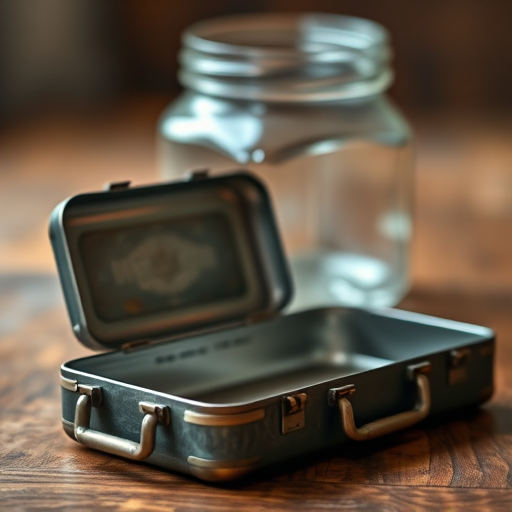 Close-up shot of an open vintage metal case resting on a wooden surface in front of a clear glass jar, soft natural lighting, aperture f/2.8, shutter speed 1/60 sec, ISO 200, macro lens, DSLR camera, focus on texture and details.