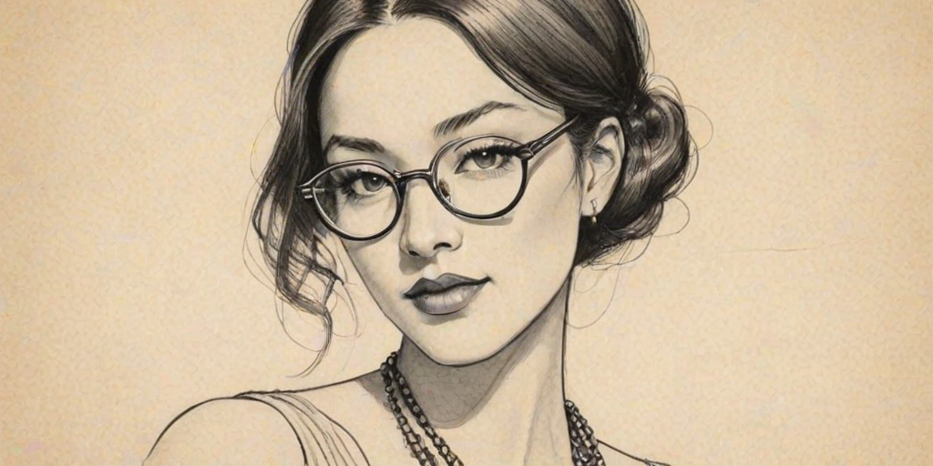 Ravishing Vera Wang, pencil sketch, portrait of Alluring woman 1920s in glasses, hair style beatnik, outline, clear lines, fine lines, 8k