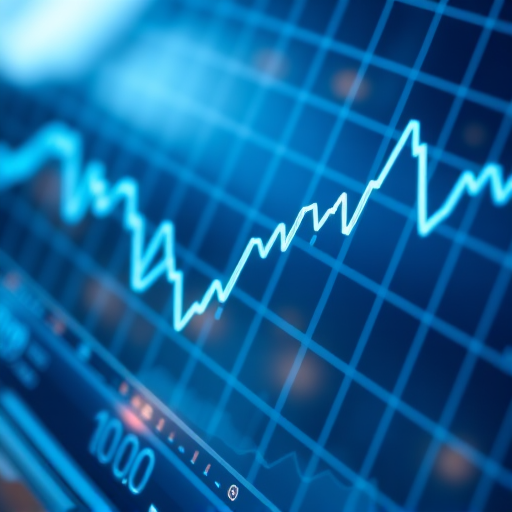 Create a high-resolution digital image of a financial trading graph with blue and white lines representing data trends, shot from a high angle using a DSLR camera at f/2.8 aperture, ISO 100, shutter speed 1/60s, with soft focus background and sharp foreground detail.