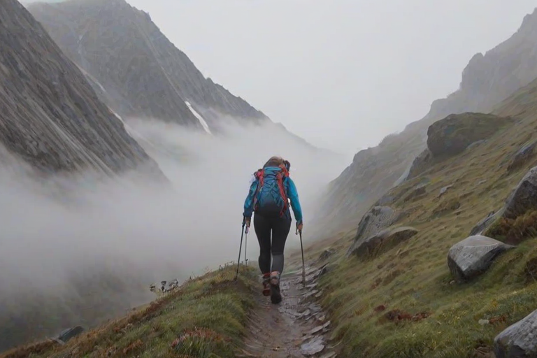 Foggy mountain pass, with thick mist swirling around the peaks, a woman in hiking gear navigates the narrow path, her determination evident in the way she presses forward despite the challenging conditions.