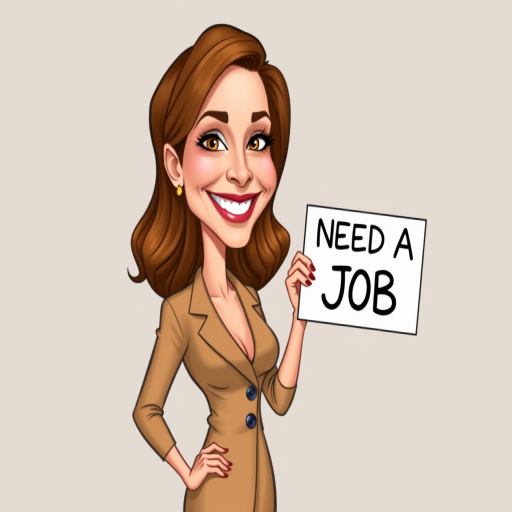 caricature of a smiling Julianne Moore in a Tan dress or suit, holding up a sign that says "NEED A JOB", no watermark,