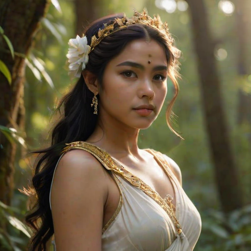 Create a portrait of a goddess-like Nepali girl figure in a tranquil, forested environment. She has an elegant appearance with long, wavy hair styled in an updo and adorned with a delicate, floral headband. She wears a flowing, ancient Greek-inspired gown in a soft, pale color, featuring a one-shoulder design and draped fabric that accentuates her graceful form. The outfit includes a decorative belt with ornate gold detailing, and she holds a bow in her hand, with a quiver of arrows slung over her shoulder. The background depicts lush greenery, with sunlight filtering through the trees, casting a gentle, ethereal light on the scene. Her expression is calm and contemplative, embodying a sense of wisdom and serenity.