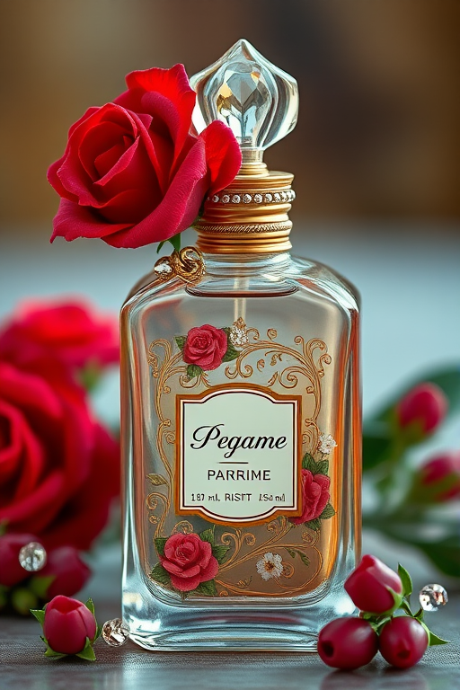 A vintage perfume bottle with intricate floral designs and red roses, adorned with elegant crystals, shot with a Canon EOS R5, 50mm lens, f/1.4, ISO 100, natural lighting, shallow depth of field, vibrant colors, soft bokeh background.