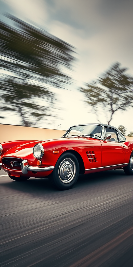 Regenerate an image of a vintage red sports car with a dynamic background, using a DSLR camera, 50mm lens, f/1.8 aperture, ISO 100, shutter speed 1/200s, shot from a low angle perspective, and apply a vibrant color palette with a slight motion blur effect to emphasize speed.