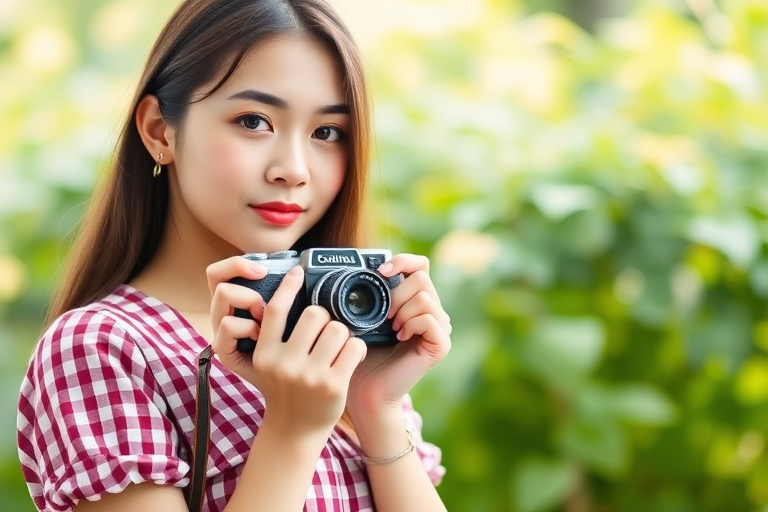 Portrait of a young woman holding a vintage camera, wearing a checkered dress, soft natural lighting, blurred lush green background, f/1.8 aperture, 50mm lens, ISO 100, 1/200s shutter speed, taken with a mirrorless camera.