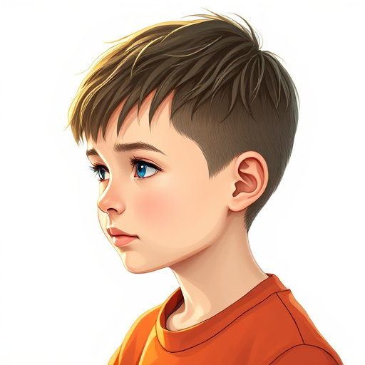 Generate a detailed illustration of a young boy with short hair, side profile view, using a Canon EOS R5 camera with a 50mm lens, aperture set to f/1.8, ISO 100, and soft natural lighting to enhance the image quality.