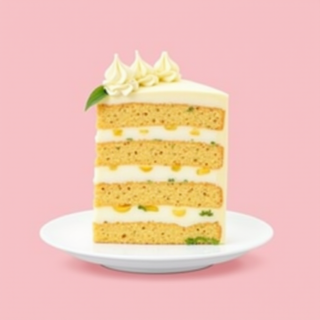 A detailed close-up of a slice of layered cake on a white plate, showing multiple layers of sponge and cream filling. The cake has a creamy frosting and is set against a soft pink background, creating a visually appealing dessert image.