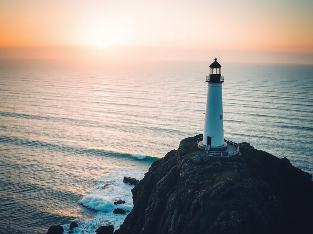 Sharp, detailed photo of a lighthouse standing tall on a rocky cliff, soft light from the setting sun reflecting off the ocean below, distant waves crashing against the shore, and the feeling of solitude and strength.