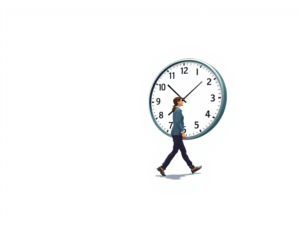 A surreal illustration of a person walking, with a large clock as their body, minimalistic white background, high contrast, camera settings: f/2.8, ISO 100, shutter speed 1/500, camera view: eye-level, camera style: clean and modern, camera type: DSLR.
