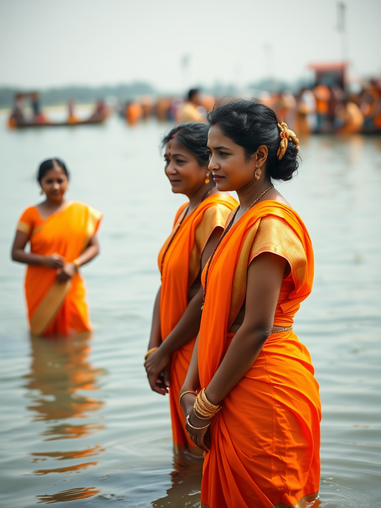 Generate an image of two women in vibrant orange traditional attire standing in water during a religious ceremony with a shallow depth of field, using a Canon EOS R5, 50mm lens, f/1.8 aperture, ISO 100, natural lighting, and a slightly elevated angle.