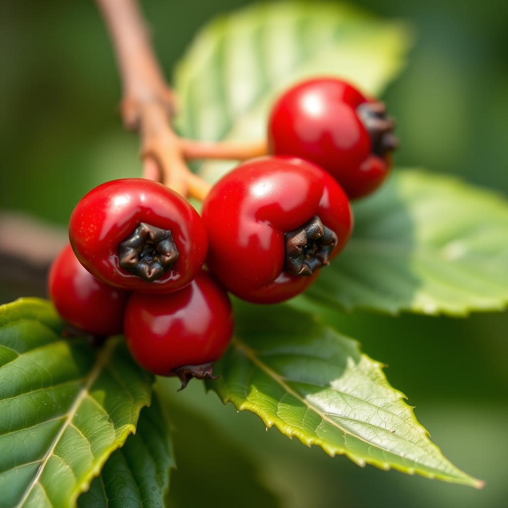 three shiny red berries with dark centers resting on green leaves, macro photography, f/2.8 aperture, 100mm lens, natural light, shallow depth of field