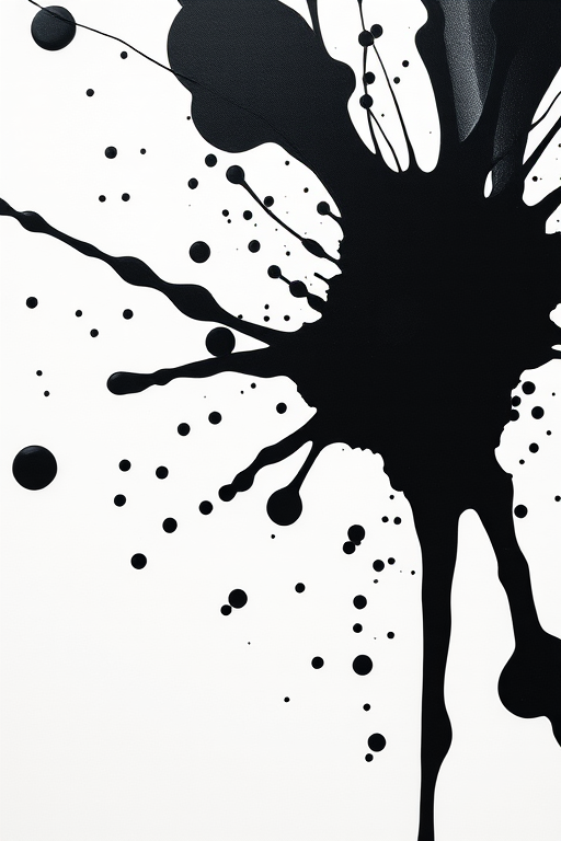 create an abstract black ink splash on a white background, focus on dynamic splatter patterns, macro view, f/2.8 aperture, ISO 100, 1/500 sec exposure, using a DSLR camera with a 50mm lens