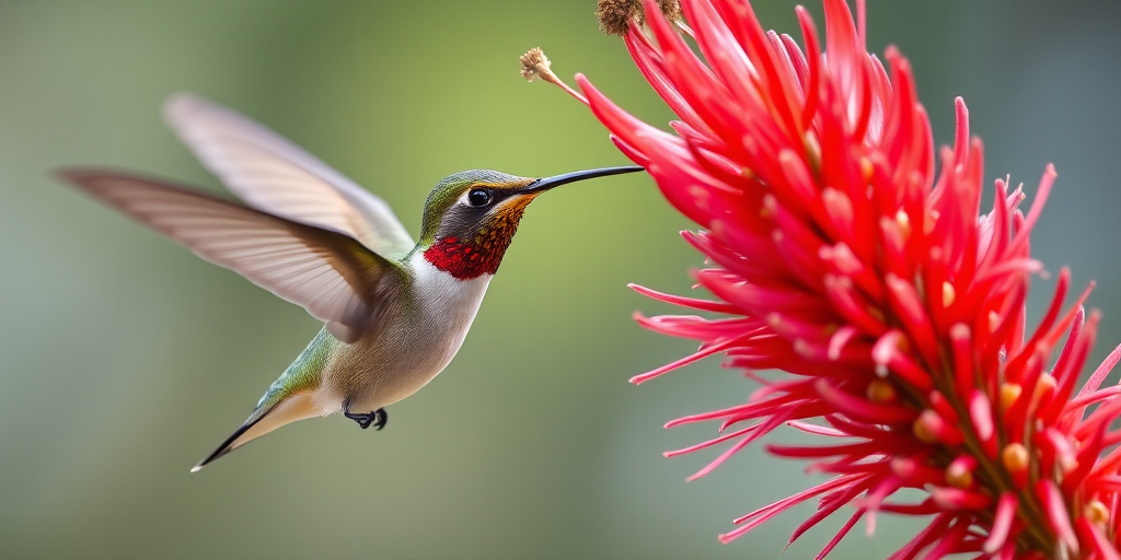 Capture a close-up of a hummingbird hovering near a vibrant red bottlebrush flower, with a shallow depth of field, focal length of 200mm, aperture set to f/2.8, ISO 400, using a DSLR camera in natural light.