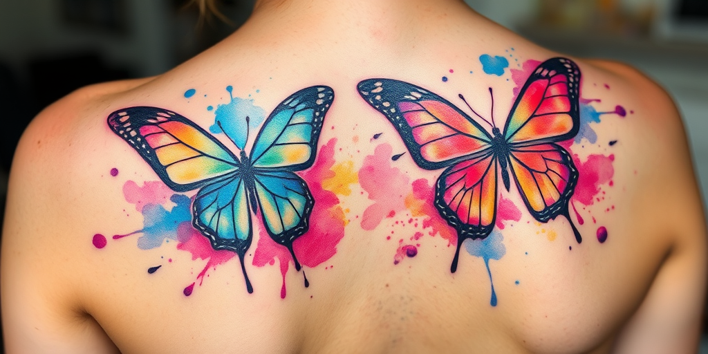 Stunning watercolor tattoo of vibrant butterflies in flight across the back, featuring soft pastel hues blending seamlessly with bold splashes of neon, creating a dreamy and ethereal effect