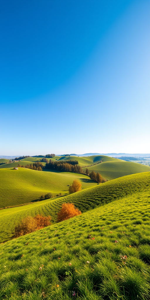 lush green landscape with rolling hills, clear blue sky, distant trees, golden autumn foliage, soft natural light, wide-angle lens, f/8 aperture, ISO 100, 1/250s shutter speed, captured with a DSLR camera