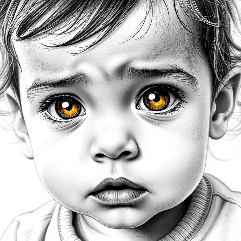 A hyperdetailed photorealistic black and white sketch of a beautiful toddler with deep Yellow eyes, with a macro focus