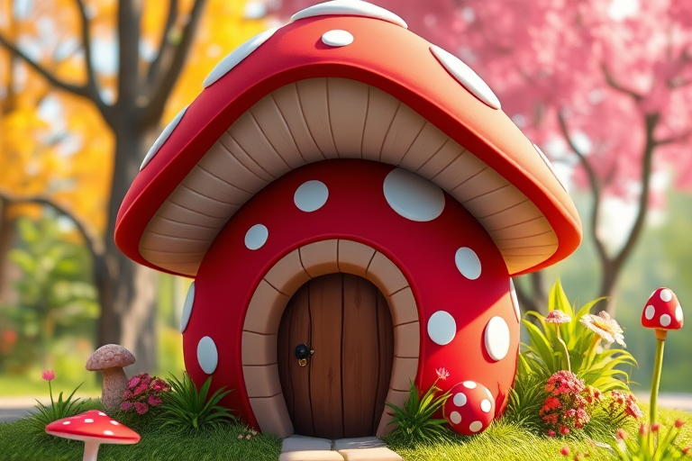 Generate a high-resolution cartoon-style image of a whimsical red mushroom house with white spots, featuring a brown door, captured with a DSLR camera at f/2.8 aperture, ISO 100, 50mm lens, in a vibrant and colorful outdoor setting under soft natural light.