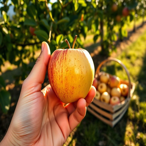 Sharp, close-up photo of a hand holding a freshly picked apple, droplets of dew still visible on the skin, sunlight filtering through orchard trees in the background, soft shadows on the hand, a wooden basket filled with more apples resting on the ground nearby.