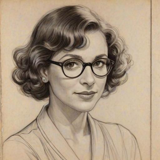 Fascinating Rhea Perlman, pencil sketch, portrait of Charming woman 1930s in glasses, hair style beatnik, outline, clear lines, fine lines, 8k