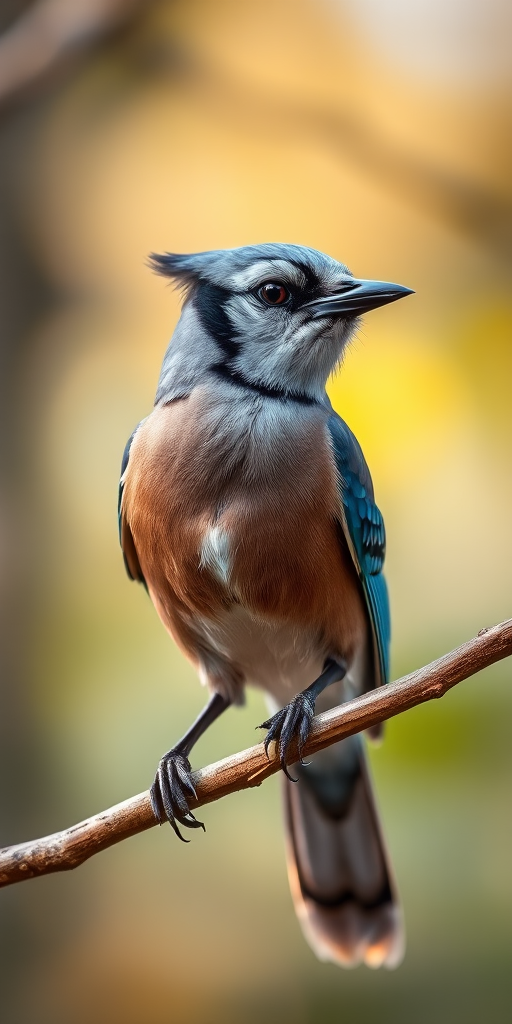capture a close-up image of a jay bird perched on a branch with a blurred natural background, using a DSLR camera with a 50mm f/1.8 lens, aperture set to f/2.8, ISO 200, shutterspeed 1/250s, natural light, focus on the bird's texture and colors