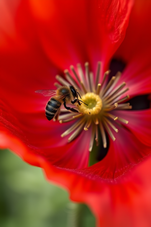 Generate a high-resolution close-up image of a vibrant red poppy flower with a bee sitting on it, using a Canon EOS R5 camera, f/2.8 aperture, 1/200 sec shutter speed, ISO 100, and a shallow depth of field for a blurred background effect.
