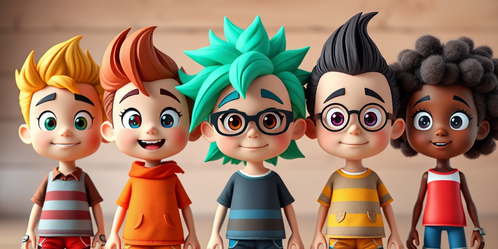 regenerate the image of five cartoon characters with diverse hairstyles and expressions standing in a row, vibrant colors, high resolution, using a DSLR camera, aperture f/4, ISO 100, 50mm lens, bright lighting, soft focus background, flat lay view