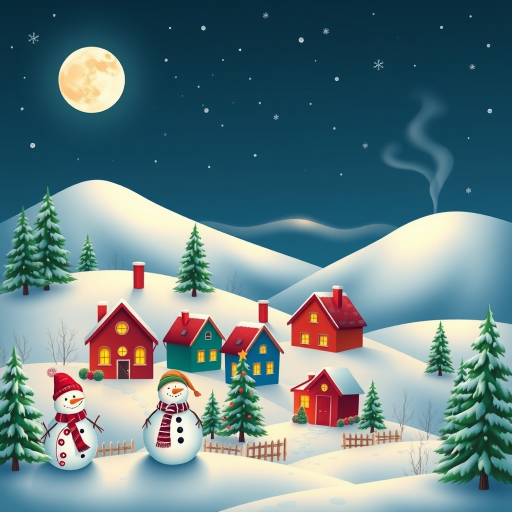Generate a winter landscape scene featuring colorful houses nestled among snowy hills. Include cheerful snowmen wearing hats and scarves, decorated Christmas trees, and a bright full moon in the night sky. Add gentle snowflakes falling and a cozy smoke rising from the chimneys.