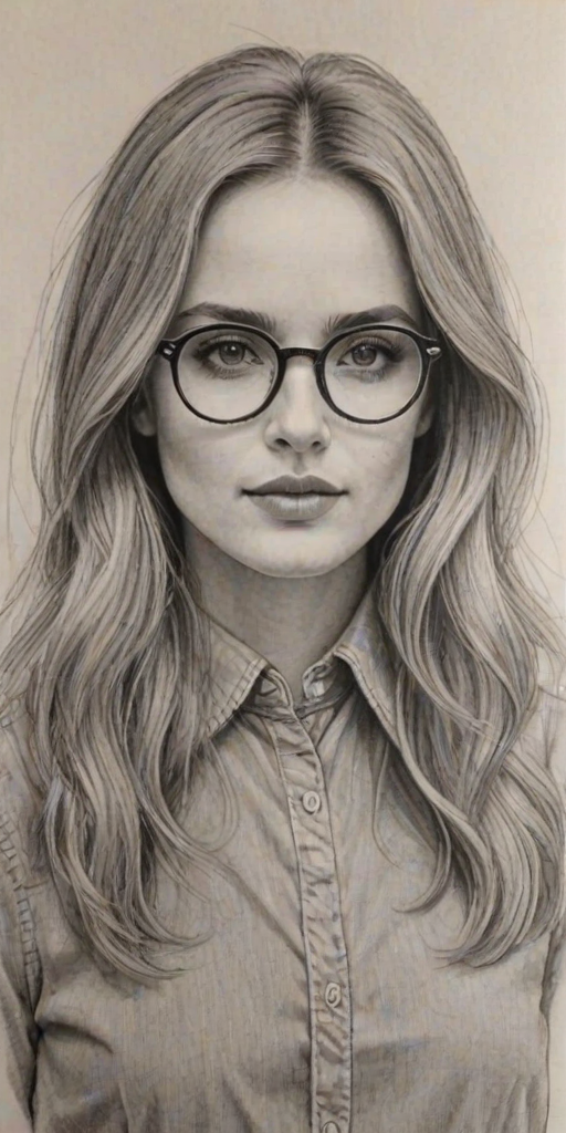 Stunning Zoe Deutch, pencil sketch, portrait of Bewitching woman 1971s in glasses, hair style beatnik, outline, clear lines, fine lines, 8k