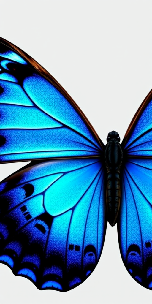 Create an image of a butterfly with vibrant blue wings featuring intricate black patterns. The design should emphasize the detailed texture of the wings, showcasing shades of blue and black. The butterfly should have a symmetrical appearance with a smooth and elegant posture.