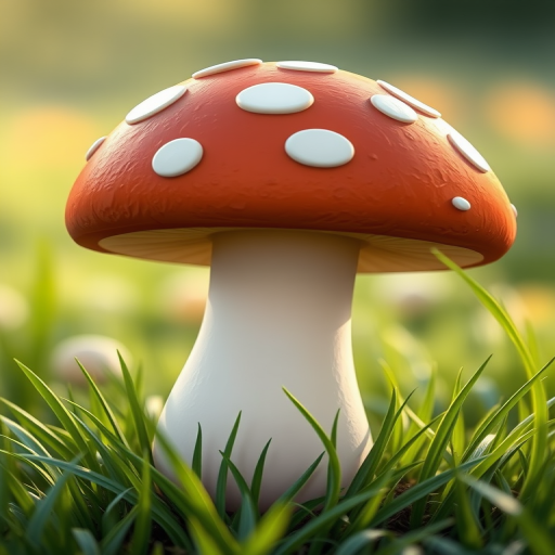 Generate a high-resolution illustration of a cartoon-style mushroom with a brown cap and a white stem, surrounded by green grass, taken with a Canon EOS R5 at f/8, ISO 100, 50mm lens, in soft lighting for a vibrant look.