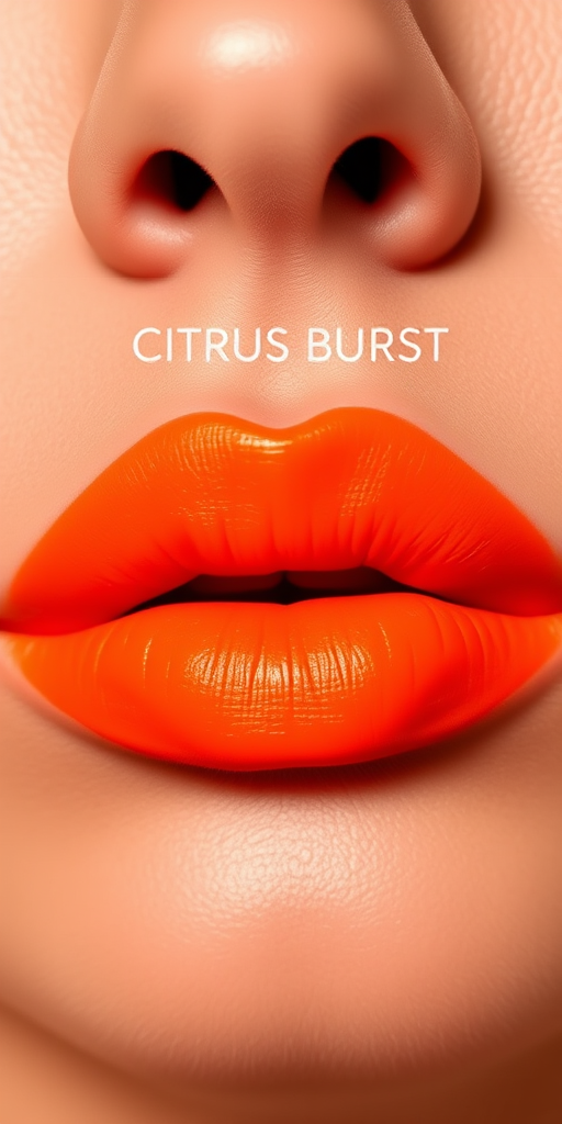 Matte neon orange lips, known as "Citrus Burst," provide a vibrant pop of color and a long-lasting formula that stays put all day