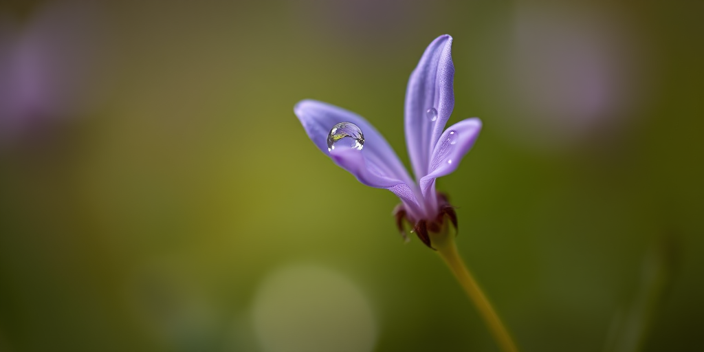 A close-up shot of a single purple flower with dewdrops on its petals, in soft focus background, using a macro lens at f/2.8, shutter speed 1/200s, ISO 100, natural light, DSLR camera.