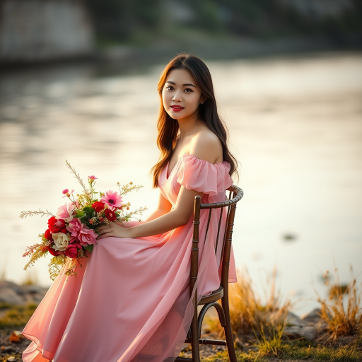 portrait of a young woman in a flowing pink dress sitting on a chair adorned with flowers by a riverbank, golden hour lighting, soft focus, aperture f/2.8, ISO 100, shutter speed 1/200s, DSLR camera, prime lens 50mm.
