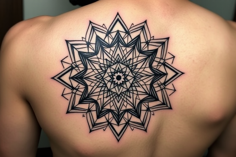 Intricate blackwork geometric tattoo called "Sacred Symmetry" showcasing a complex arrangement of precise lines, shapes, and patterns inspired by sacred geometry and mandala designs. The tattoo features bold, solid black ink with varying line weights to create depth and contrast, incorporating triangles, circles, and hexagons that interlock and overlap to form a mesmerizing optical illusion. This style is defined by its mathematical precision, strong visual impact, and symbolic meaning, often representing the interconnectedness of all things in the universe. The "Sacred Symmetry" design extends from a central focal point, radiating outward in perfect balance and harmony, creating a sense of order and unity within the intricate details. This tattoo style appeals to those who appreciate minimalism, geometry, and the intersection of art and mathematics.