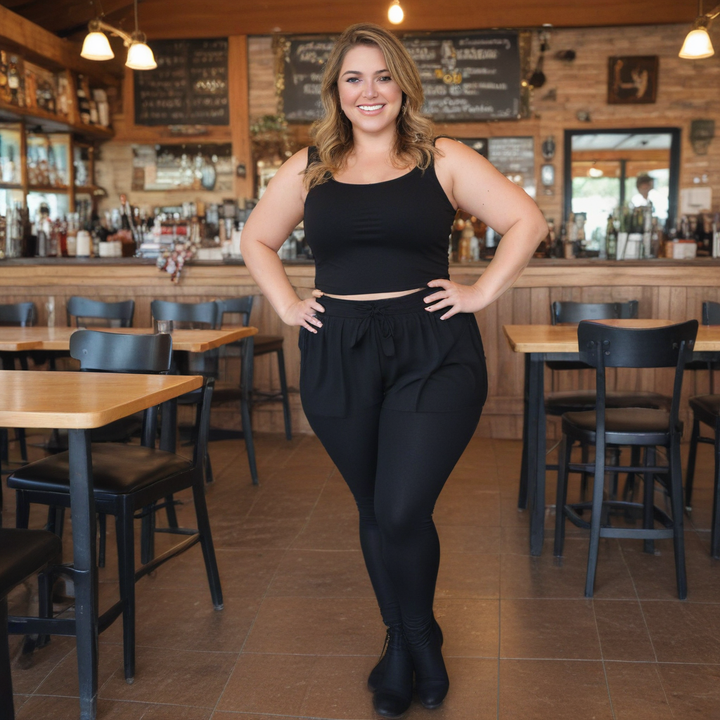 heavy mascara incredibly happy chubby waitress in homestead restaurant in black leggings black top legs together widehips full body view