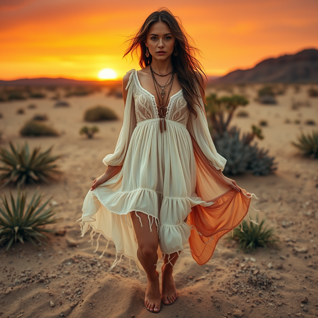 Desert setting, bohemian model, flowy dresses, earthy tones, rustic sunset effect,  equipped with a 12mm lens to capture an overhead view of the model, emphasizing symmetry and spatial positioning