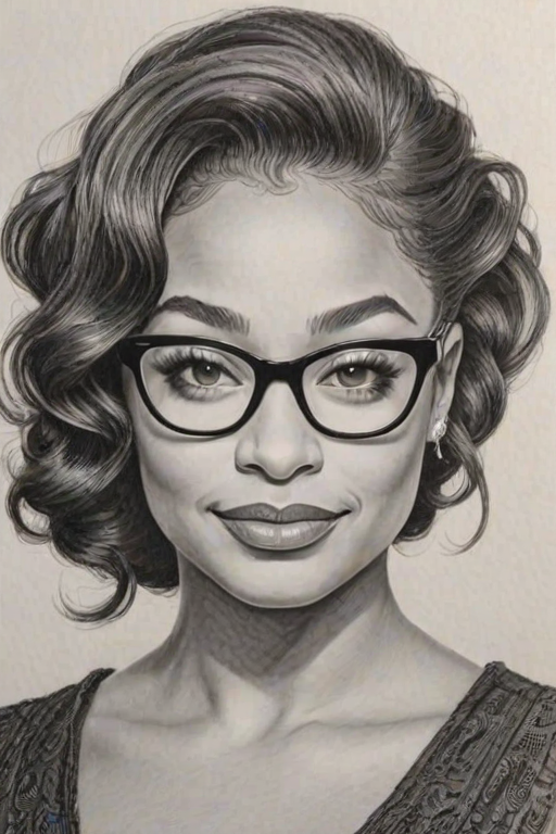 Dazzling Raven Symone, pencil sketch, portrait of Fascinating woman 1954s in glasses, hair style beatnik, outline, clear lines, fine lines, 8k