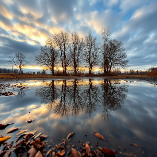 trees reflecting in a puddle of water mirror of trees, a cloudy sky with golden light, low grip, autumn atmosphere, dead leaves in the puddle, 4k
