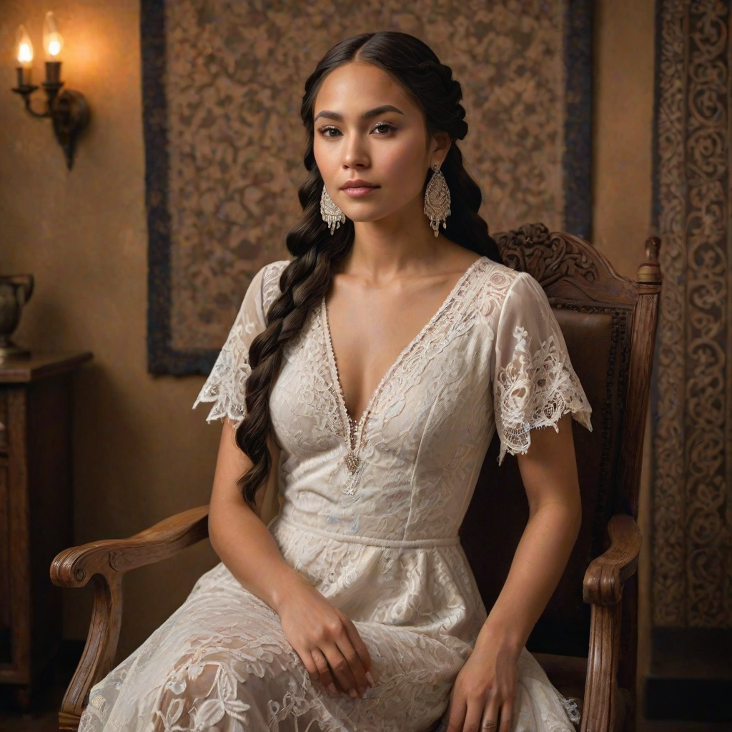 Create a portrait of a refined and elegant Native American woman seated in a sophisticated setting. She has long, wavy hair styled in two thick braids that are pulled over her shoulders. She wears a white, lace gown with intricate patterns, featuring a deep V-neckline and short sleeves. The dress exudes a vintage charm with its delicate lacework. She is adorned with ornate, dangling earrings that add a touch of glamour to her appearance. The background is softly lit, with warm, ambient lighting that creates a cozy and inviting atmosphere. Her expression is poised and serene, capturing a sense of grace and elegance.